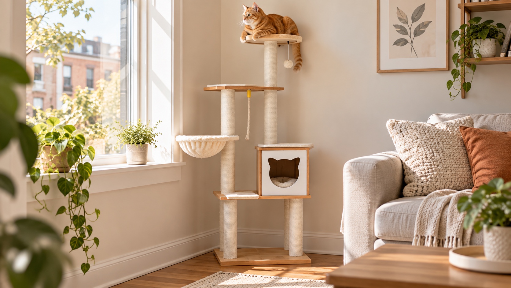 An orange tabby cat on top of a slim wood cat tree in the corner of a small living room