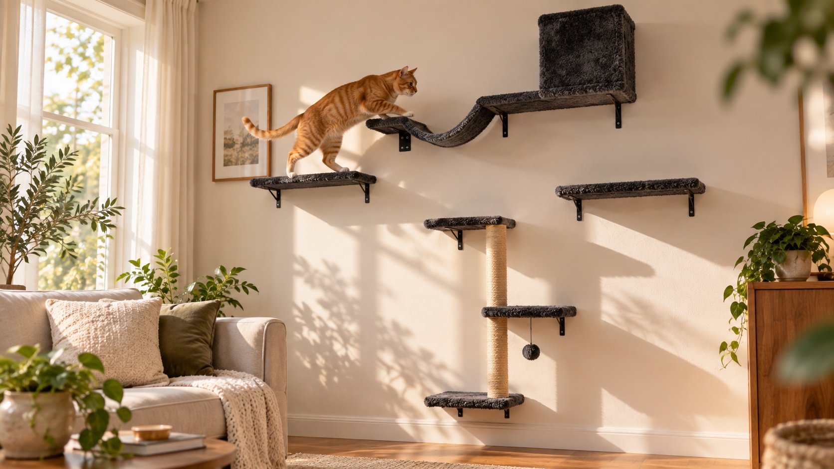 An orange tabby cat climbing a set of grey plush wall shelves in a bright apartment
