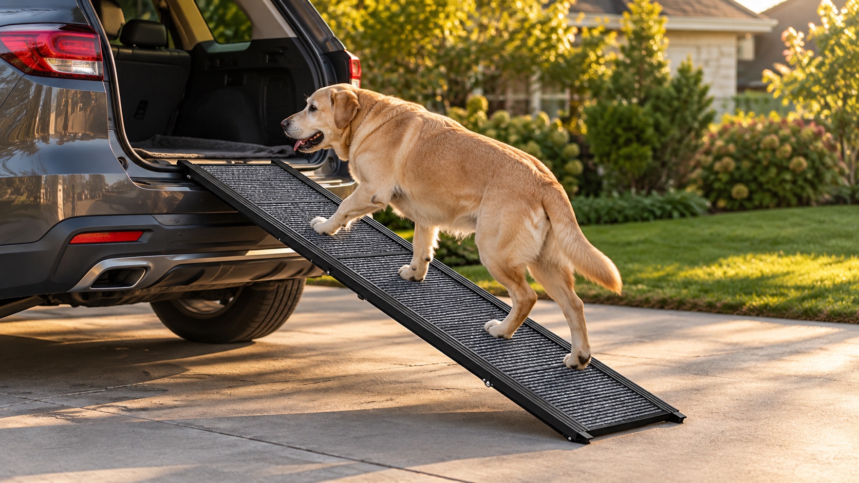 A large senior dog walking up a wide pet ramp into a car trunk