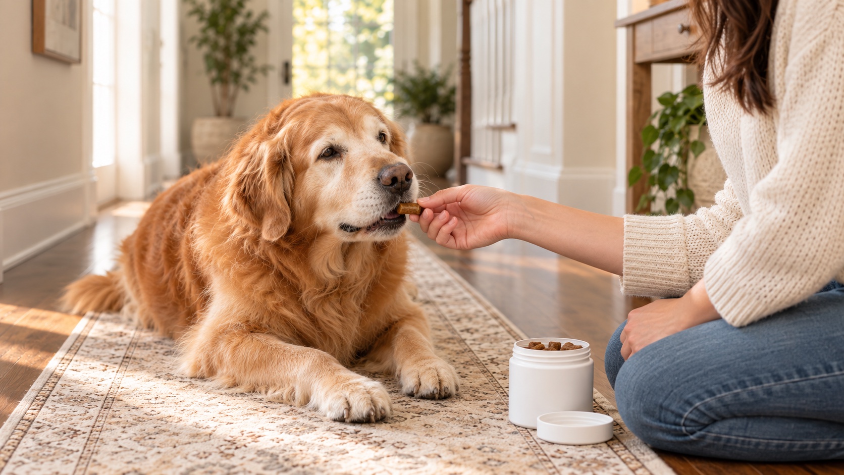 A senior golden retriever taking a joint supplement chew from its owner's hand