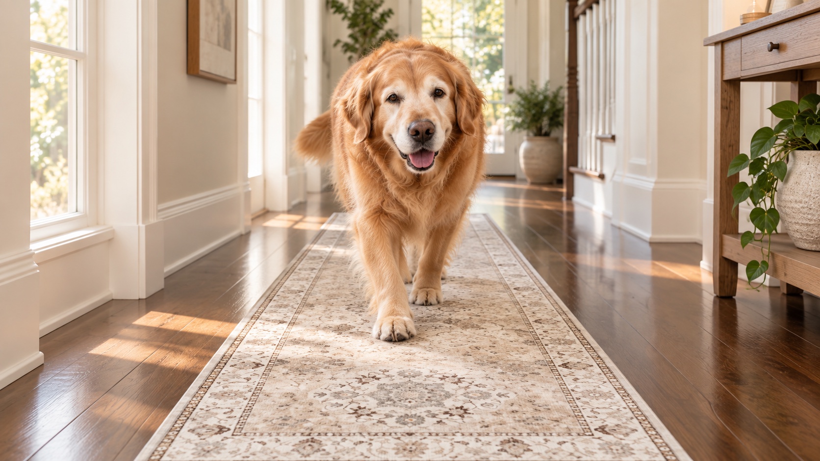 A senior golden retriever walking confidently along a runner rug on a hardwood hallway floor