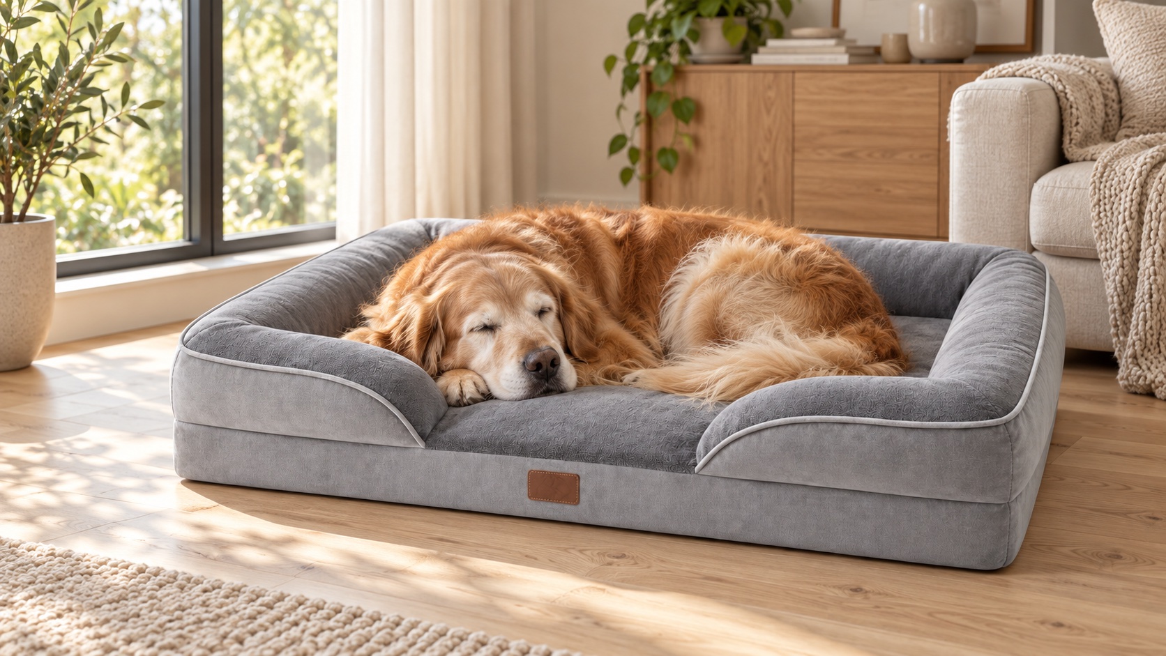 A senior dog resting on a thick memory foam orthopedic bed