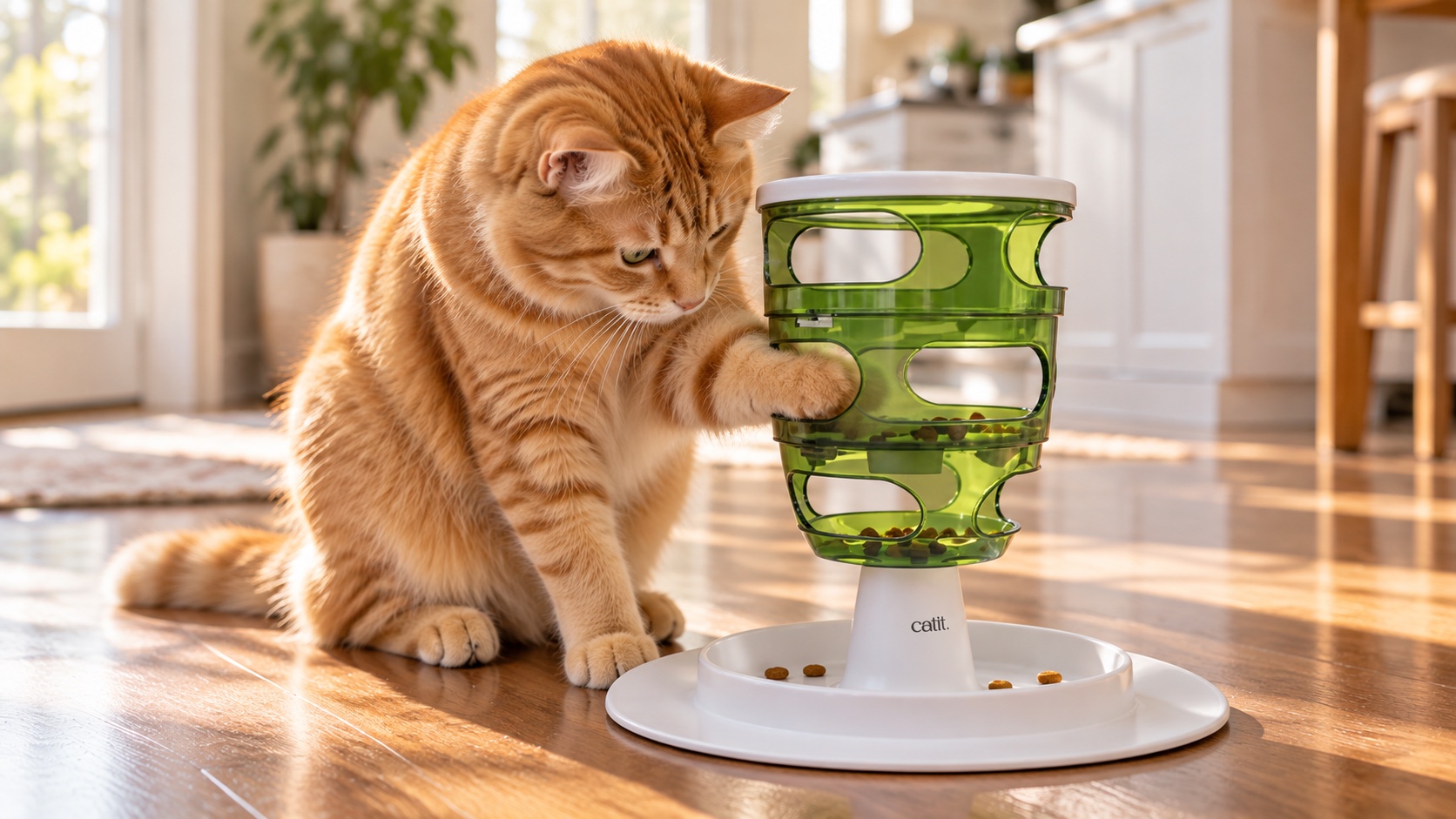 An orange tabby cat pawing kibble out of a green food tree puzzle feeder