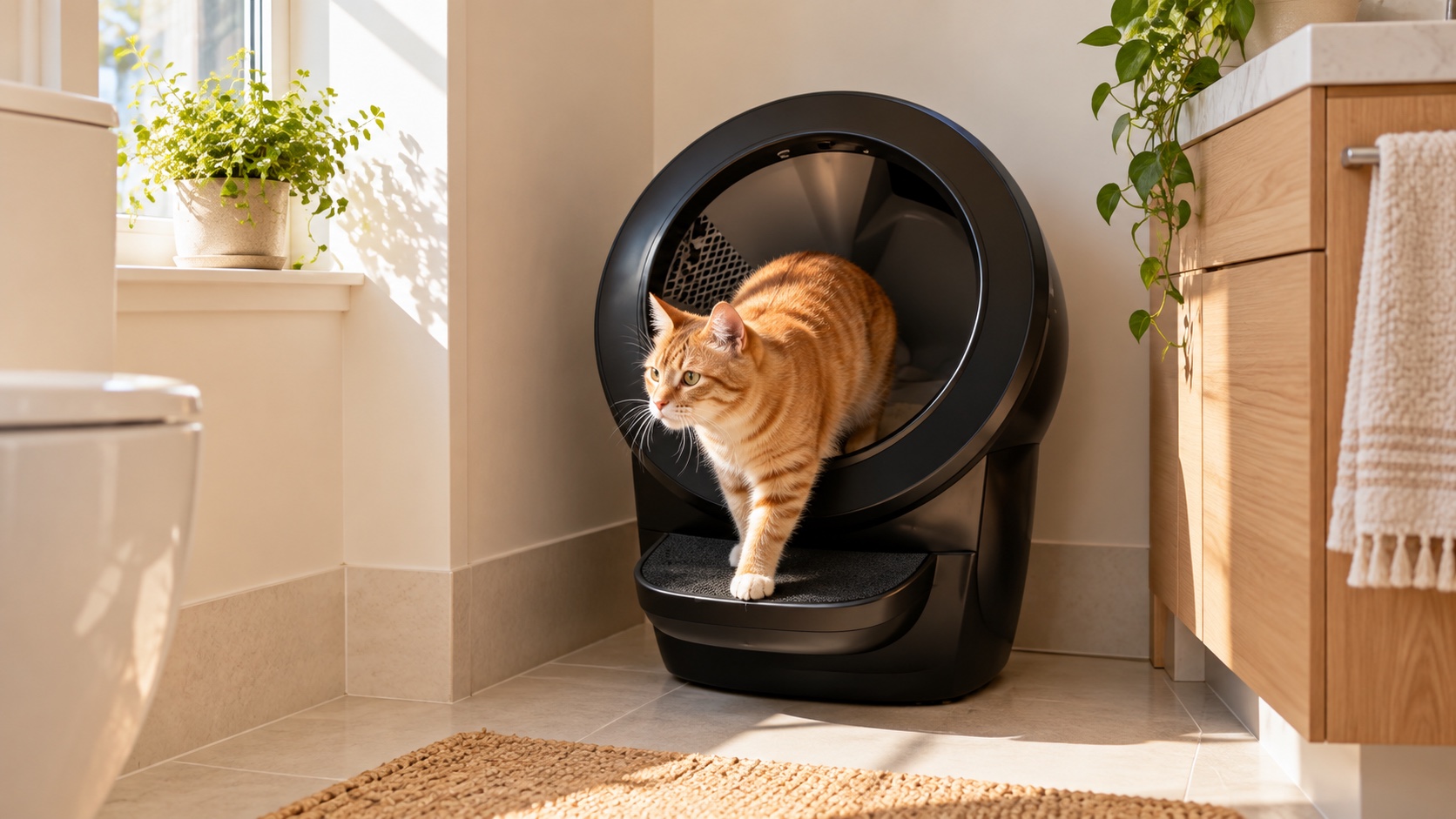 An orange tabby cat stepping out of a self-cleaning litter box in a small bathroom
