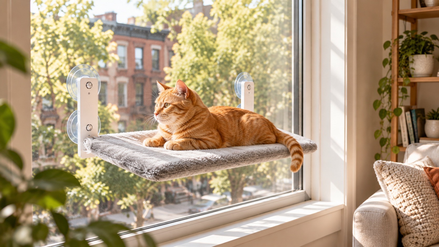 An orange tabby cat lounging on a suction-cup window perch overlooking a city street