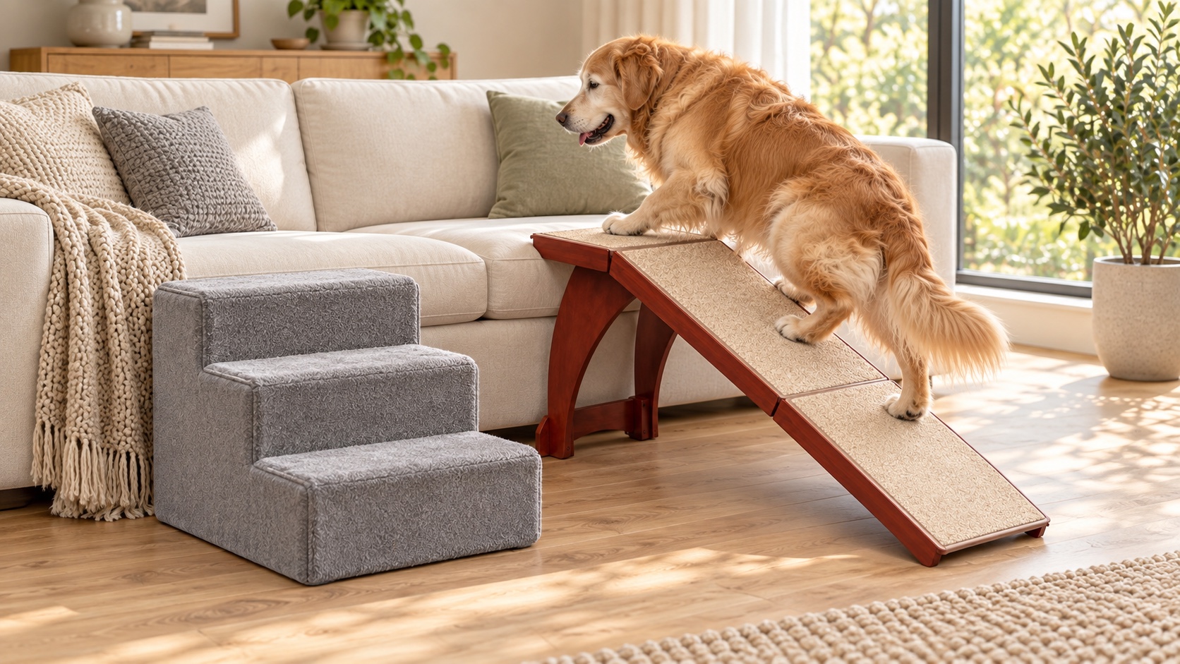 A senior golden retriever walking up a pet ramp to the sofa, next to a set of pet stairs