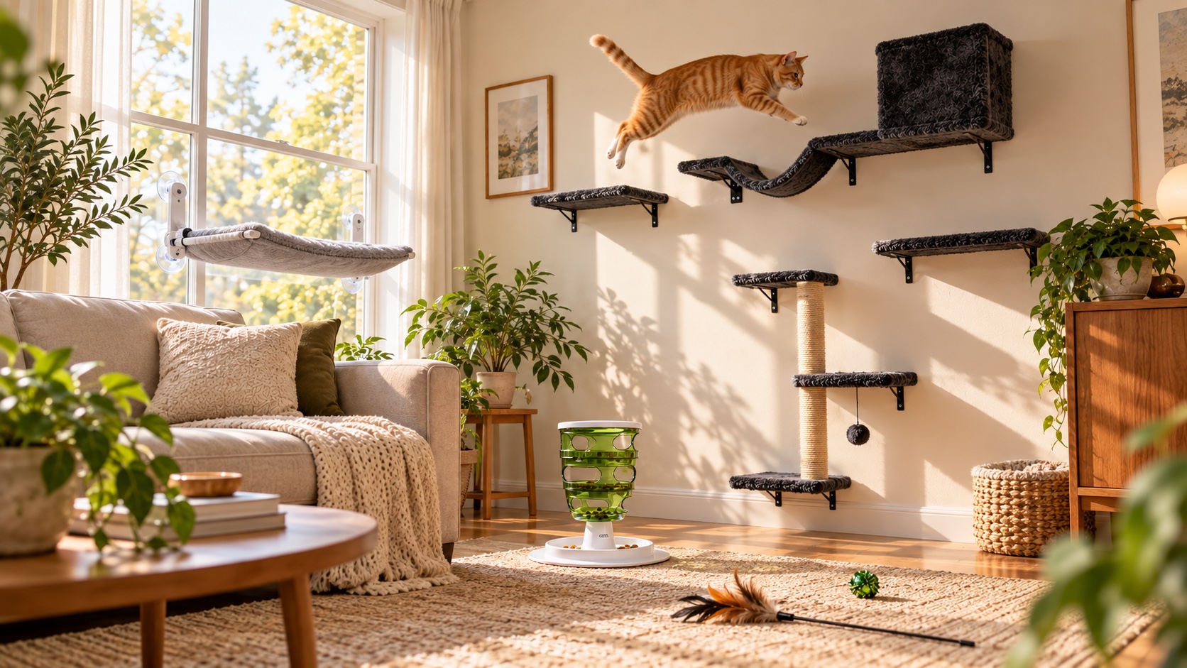 An orange tabby cat leaping between wall shelves in an apartment with a puzzle feeder, window perch and toys
