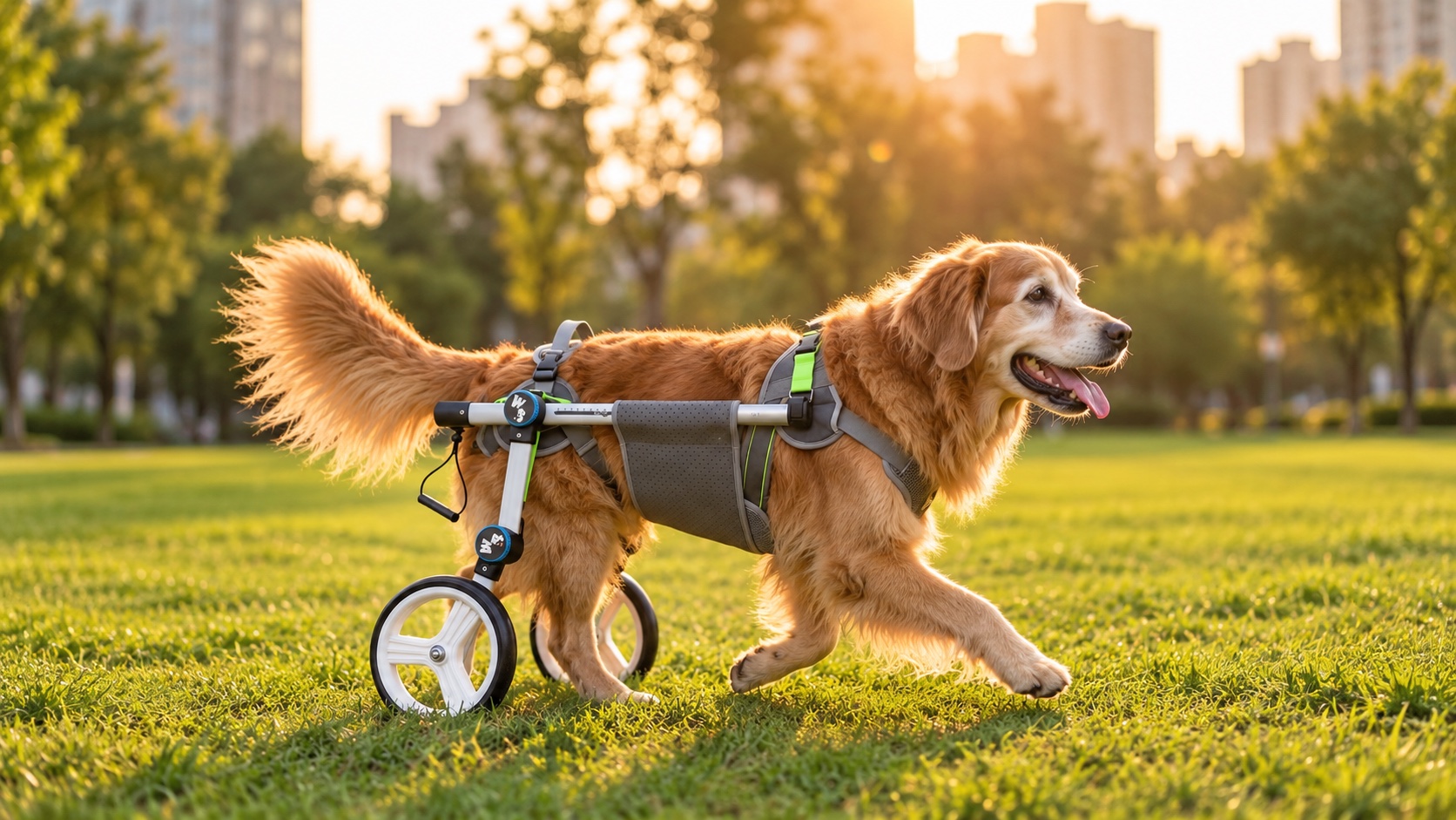 A senior dog using a rear-support wheelchair cart outdoors