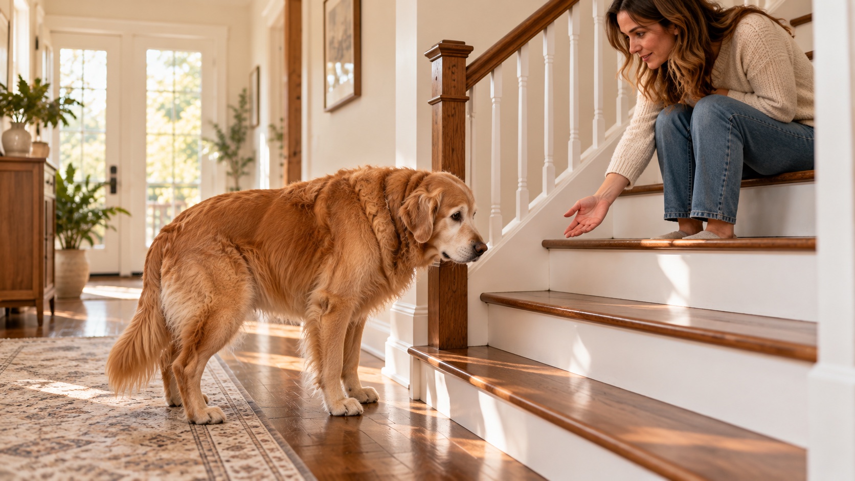 A senior golden retriever hesitating at the bottom of the stairs while its owner encourages it